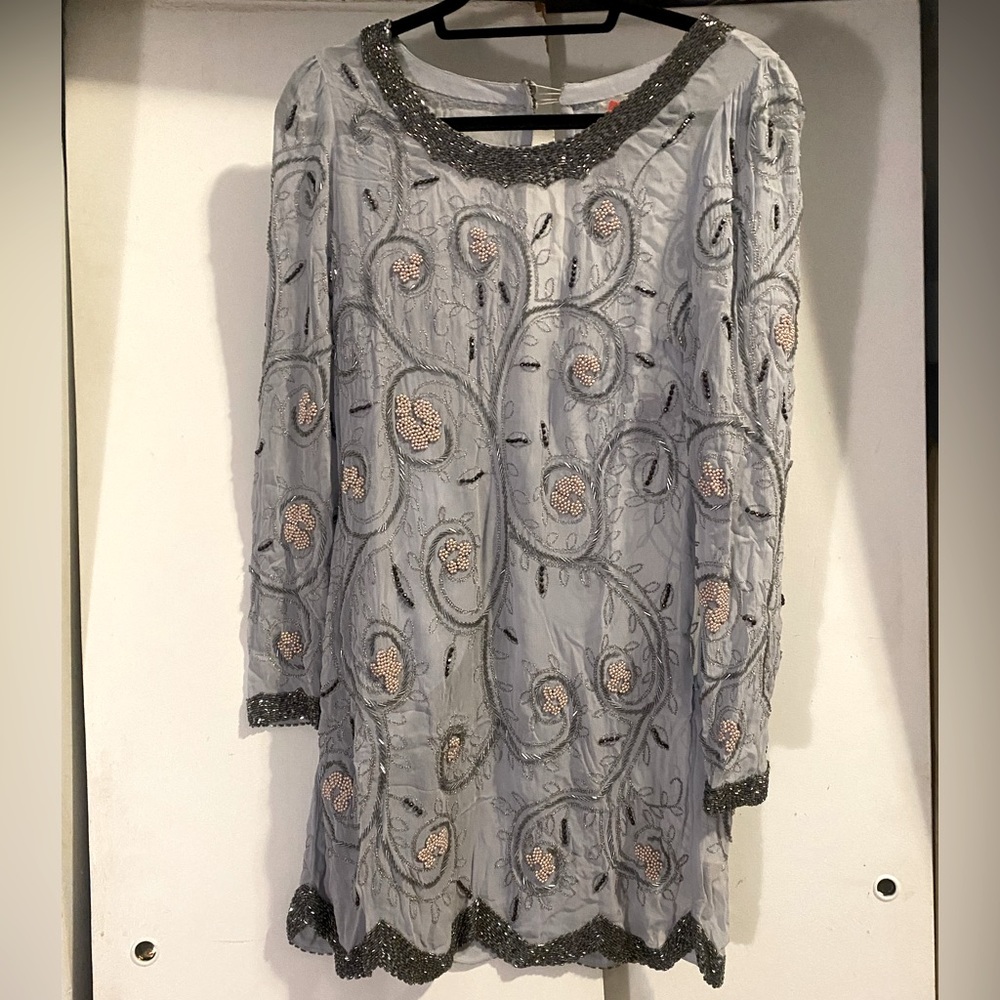 Free People floral beaded blue/grey Curling Vibes shift dress